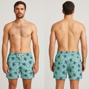 BOARDIES Men’s Swim Trunks L Palm Tree Print Green Blue Quick Dry NWT